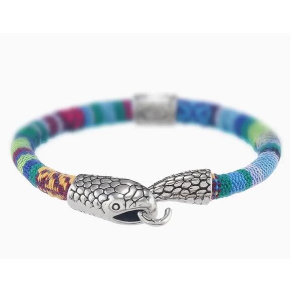 Men's Blue Striped Metal Snake Bracelet Hook Closure - Picture 5 of 6